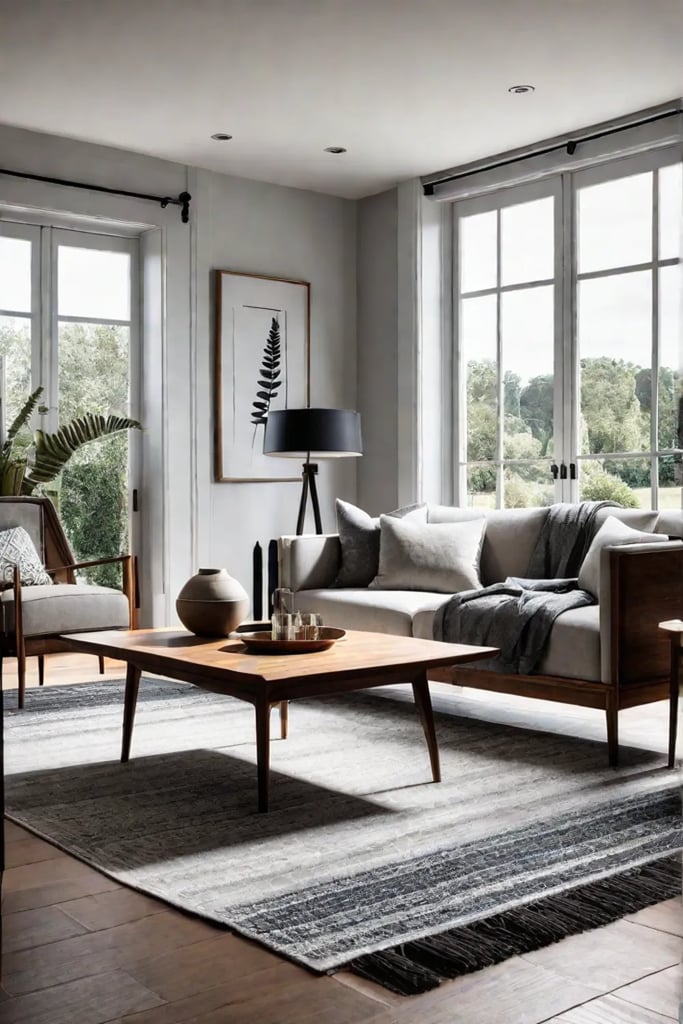 A living room with a blend of natural textures and materials including