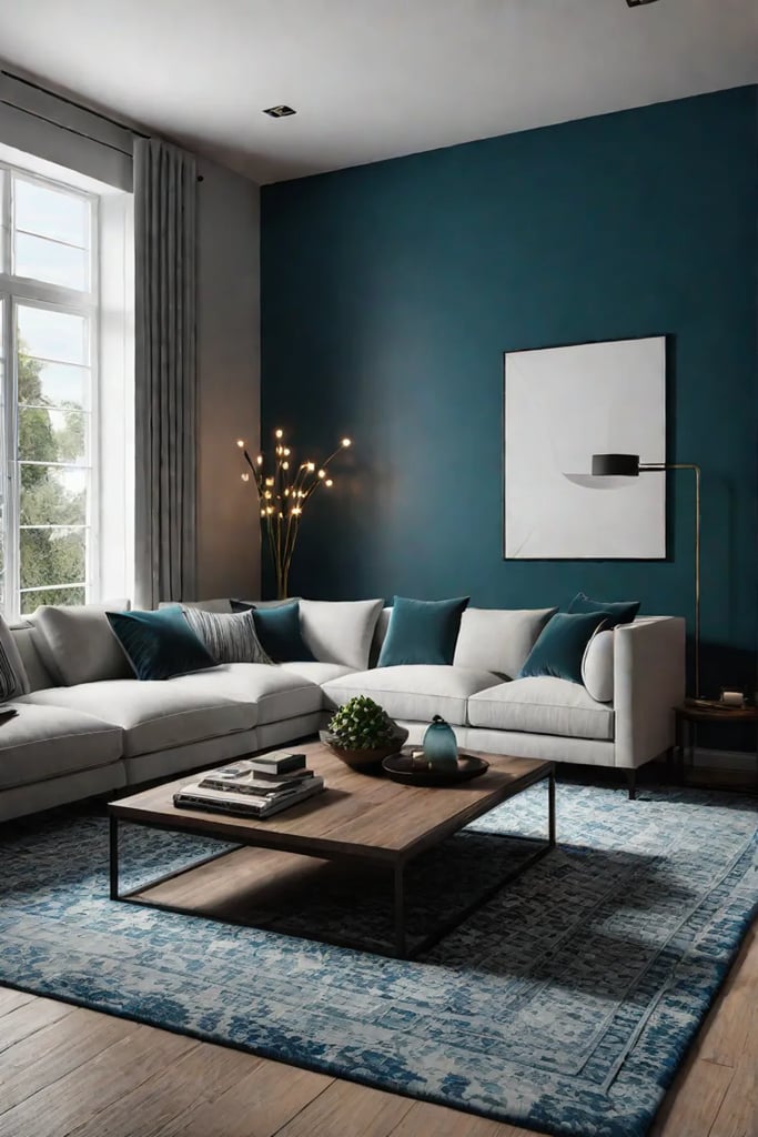 A living room with a bold and energetic color scheme featuring a