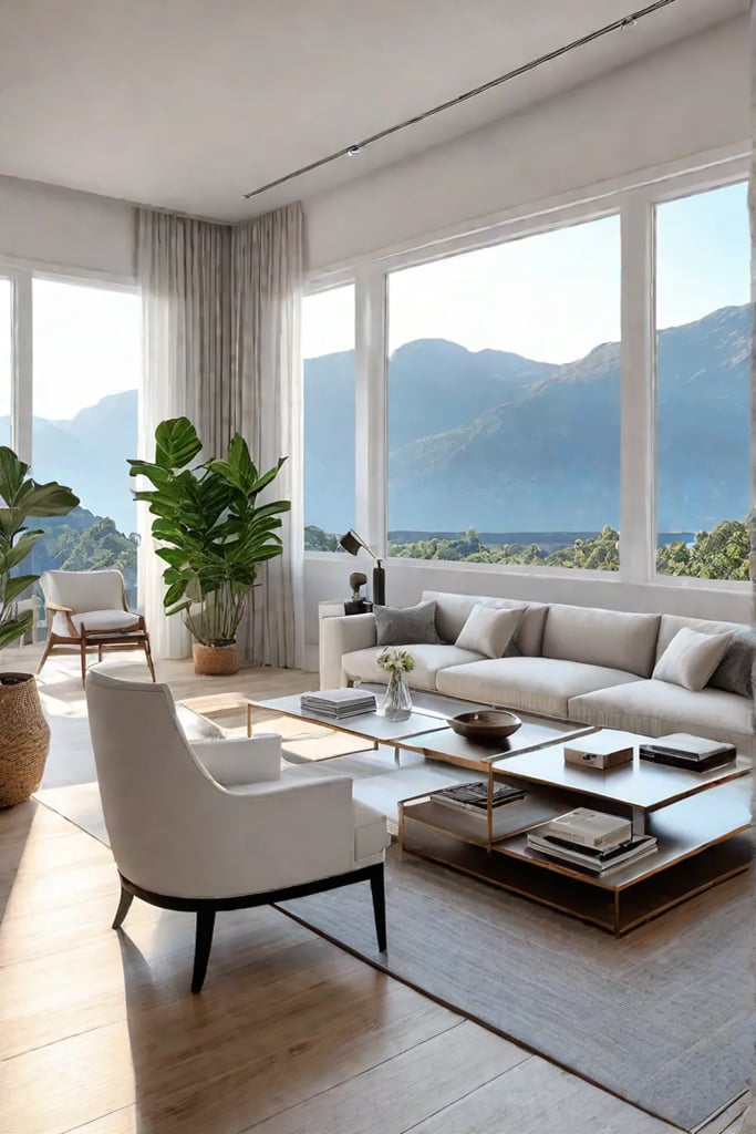 A living room with a bright and airy feel featuring large windows