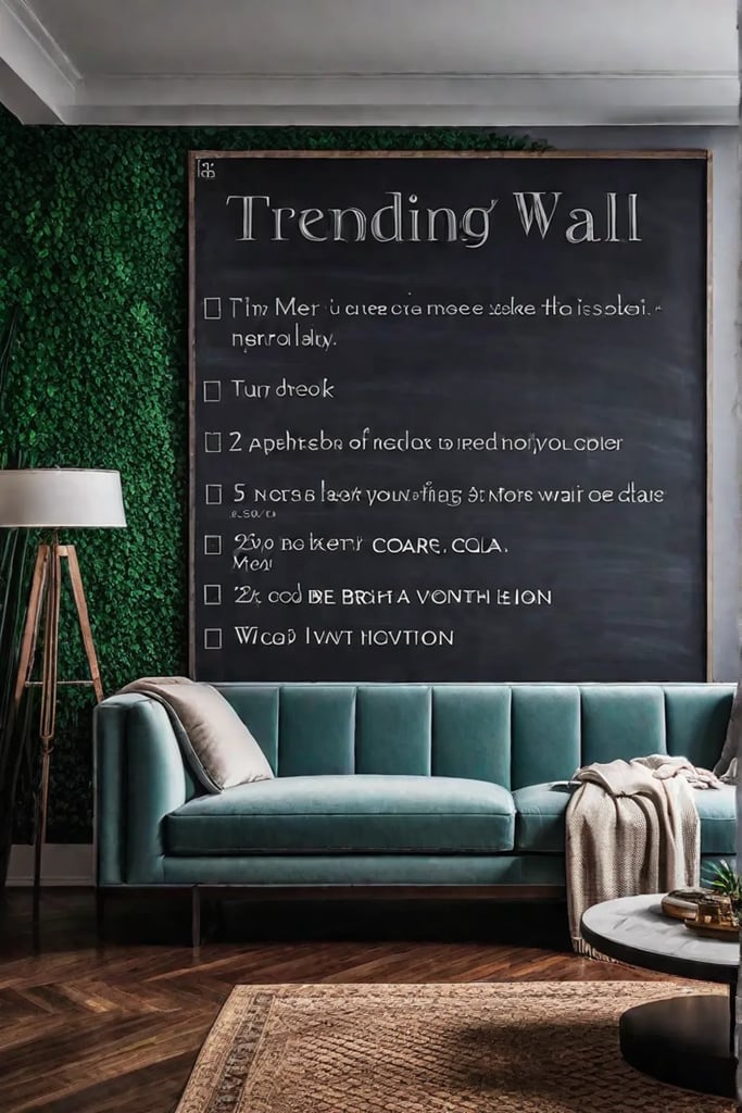 A living room with a chalkboard wall providing a versatile canvas for