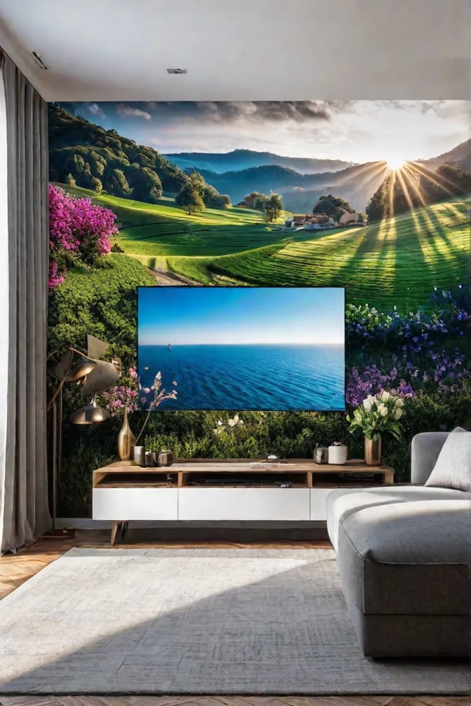 A living room with a feature wall adorned with a vibrant patterned