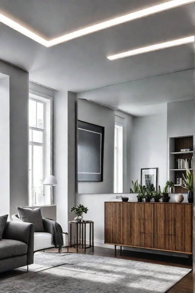 A living room with a large statementmaking mirror hung on the wall