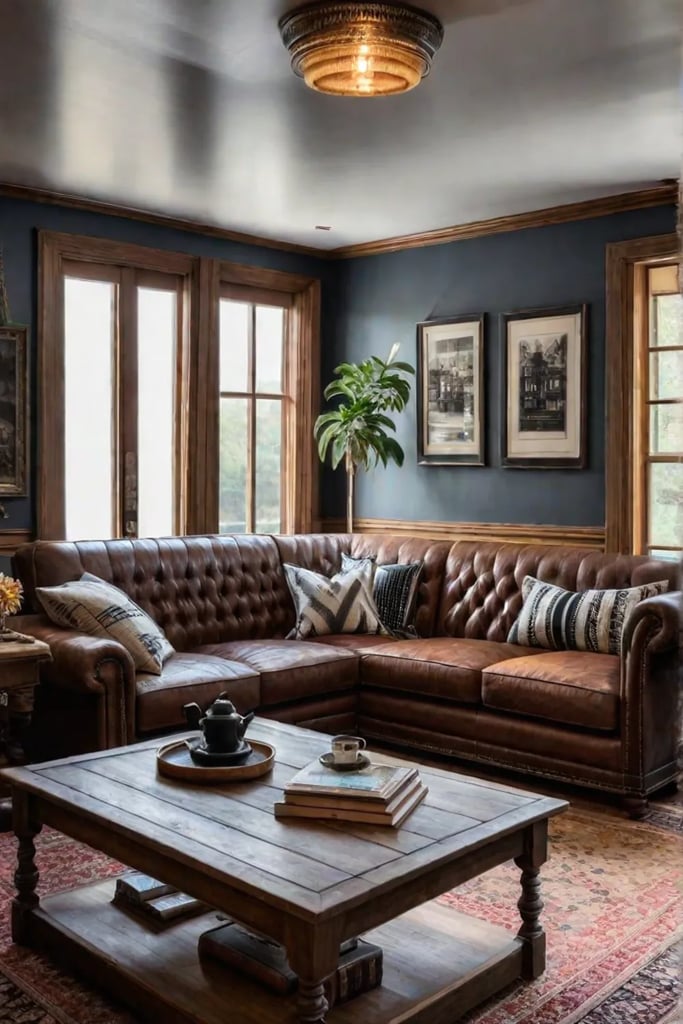 A living room with a mix of vintage and thrifted pieces creating