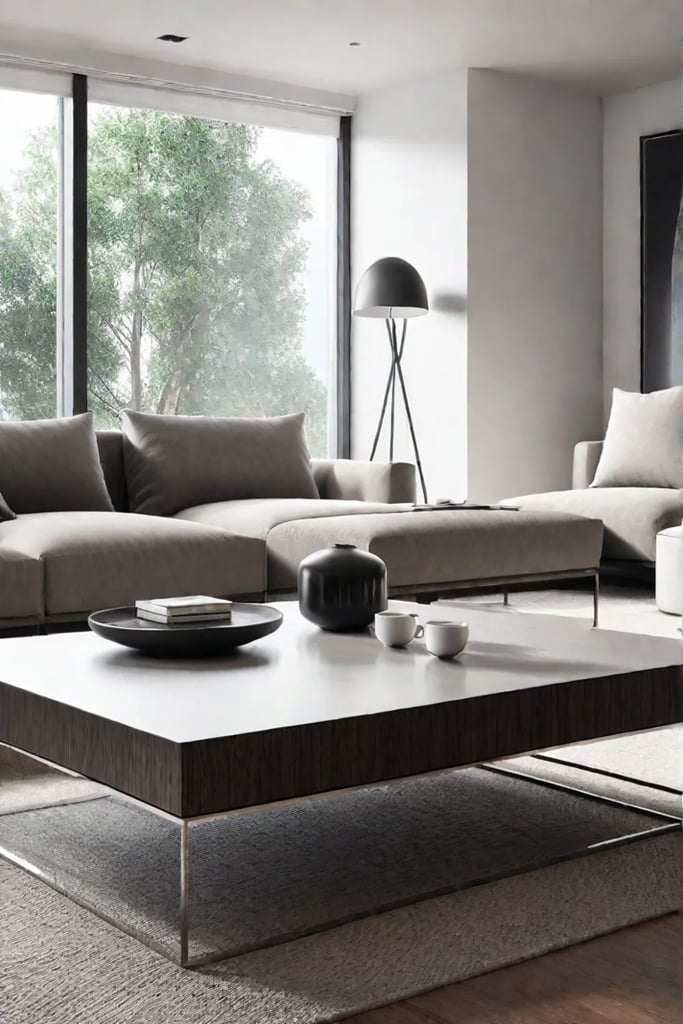 A living room with a modern and streamlined design showcasing a stylish