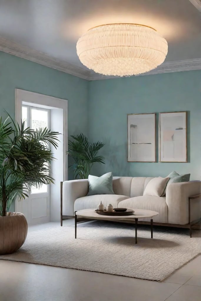 A living room with a soothing pastel color scheme featuring a plush