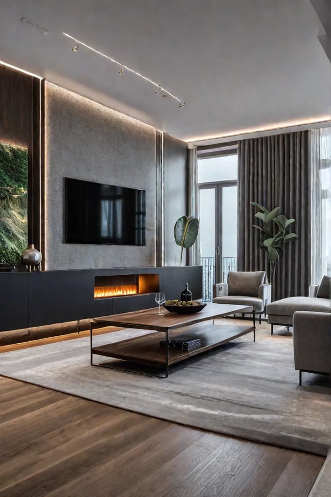 A living room with a sophisticated smart lighting system featuring dimmable overhead