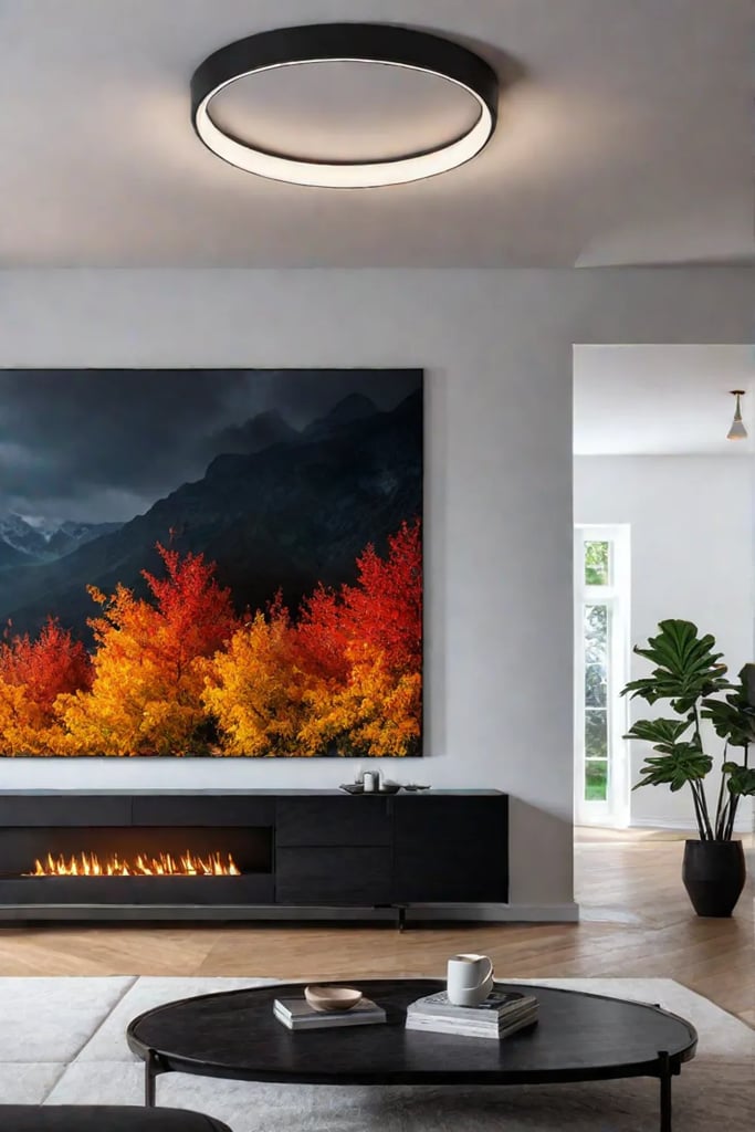 A living room with a striking sculptural lighting fixture hanging from the