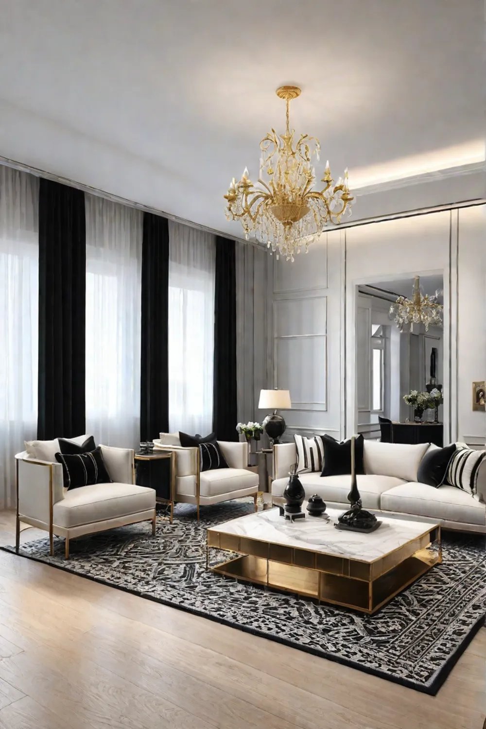 A living room with a timeless black white and gold color palette