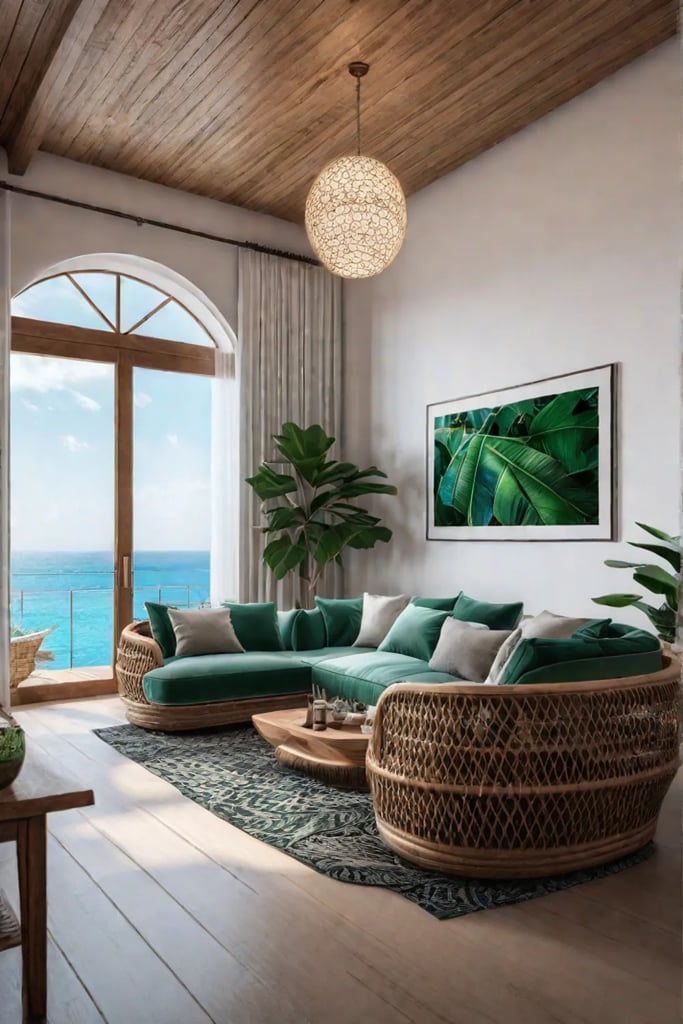 A living room with a vibrant tropicalinspired color scheme featuring plush seating