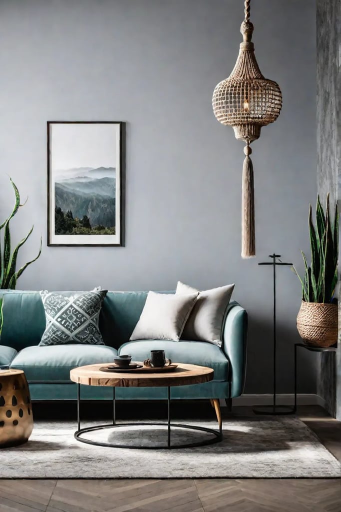 A living room with a wall adorned with a decorative wall hanging