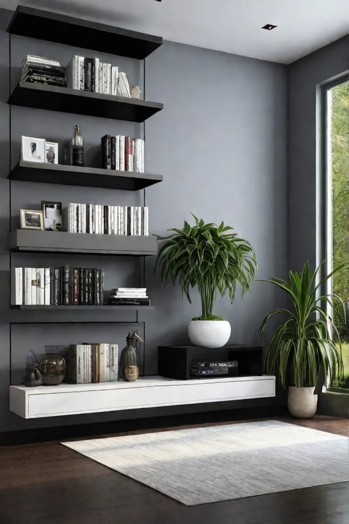 A living room with a wall featuring floating shelves showcasing a thoughtfully
