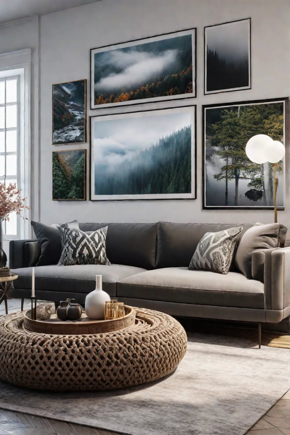 A living room with an eclectic gallery wall featuring a variety of