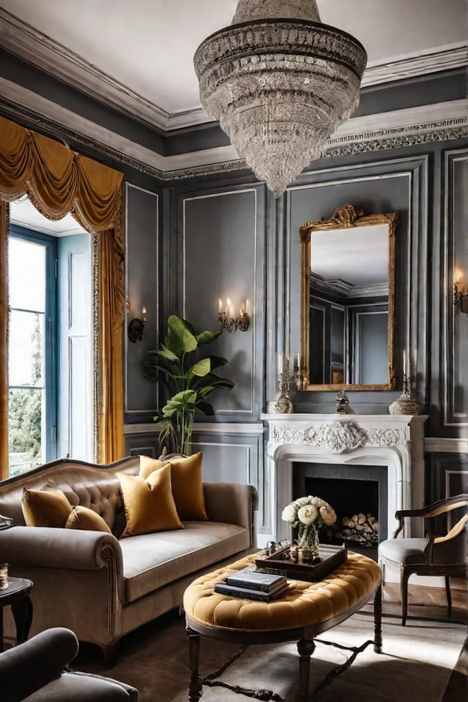 A living room with intricate decorative molding lining the walls creating a