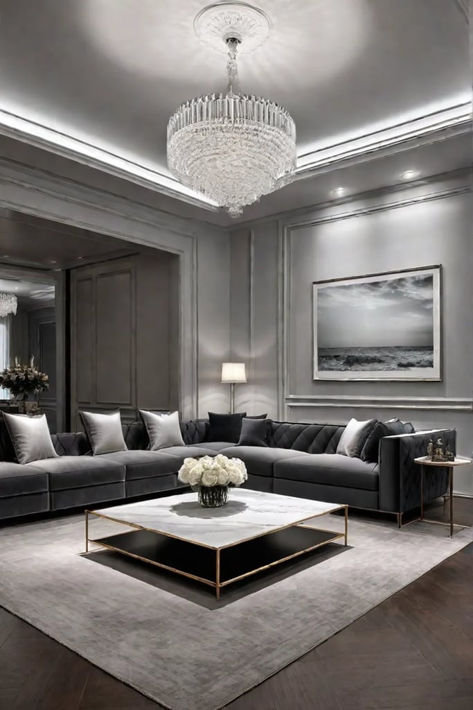 A living room with mirrored panels covering the entire wall creating a