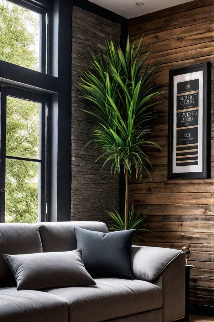 A living room with woven wall hangings in natural earthy tones creating