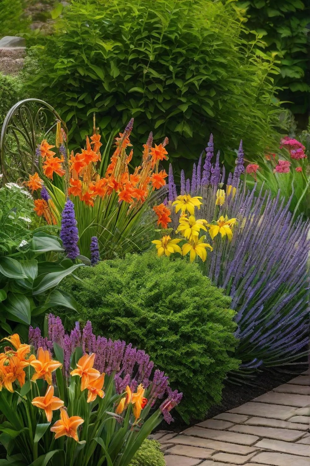 A lush garden corner dedicated to perennial flowers with lavender daylilies and_resized
