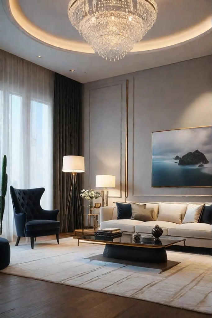 A luxurious living room with highend furnishings elegant lighting fixtures and a