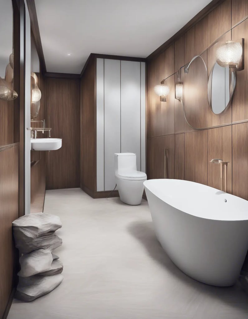 A master bath with wooden wainscoting and crown molding creates a sophisticated ambiance