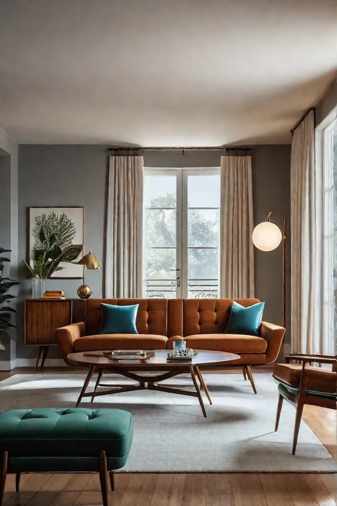 A midcentury modern living room with clean lines retroinspired furnishings and a