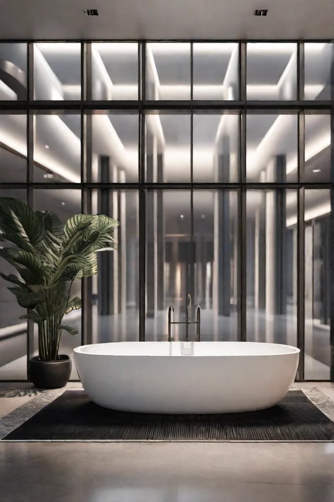 A minimalist bathroom featuring a large blackandwhite photographic print of a serene