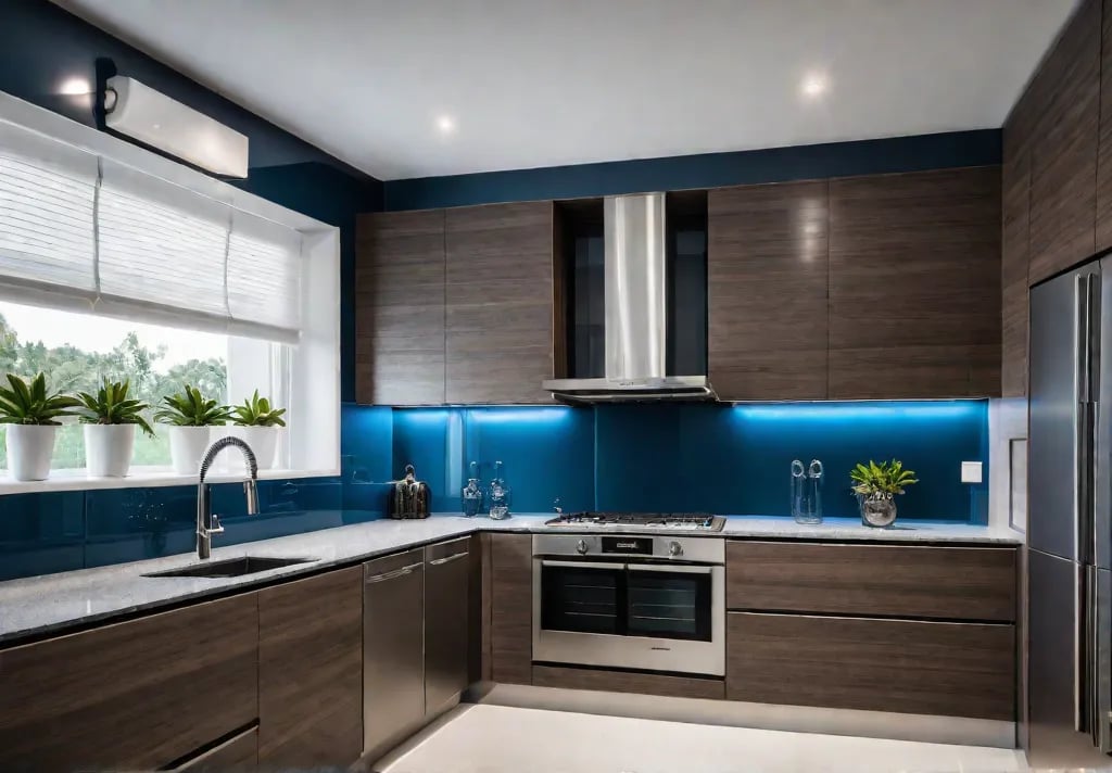 A modern kitchen with sleek cabinets in shades of blue and grayfeat