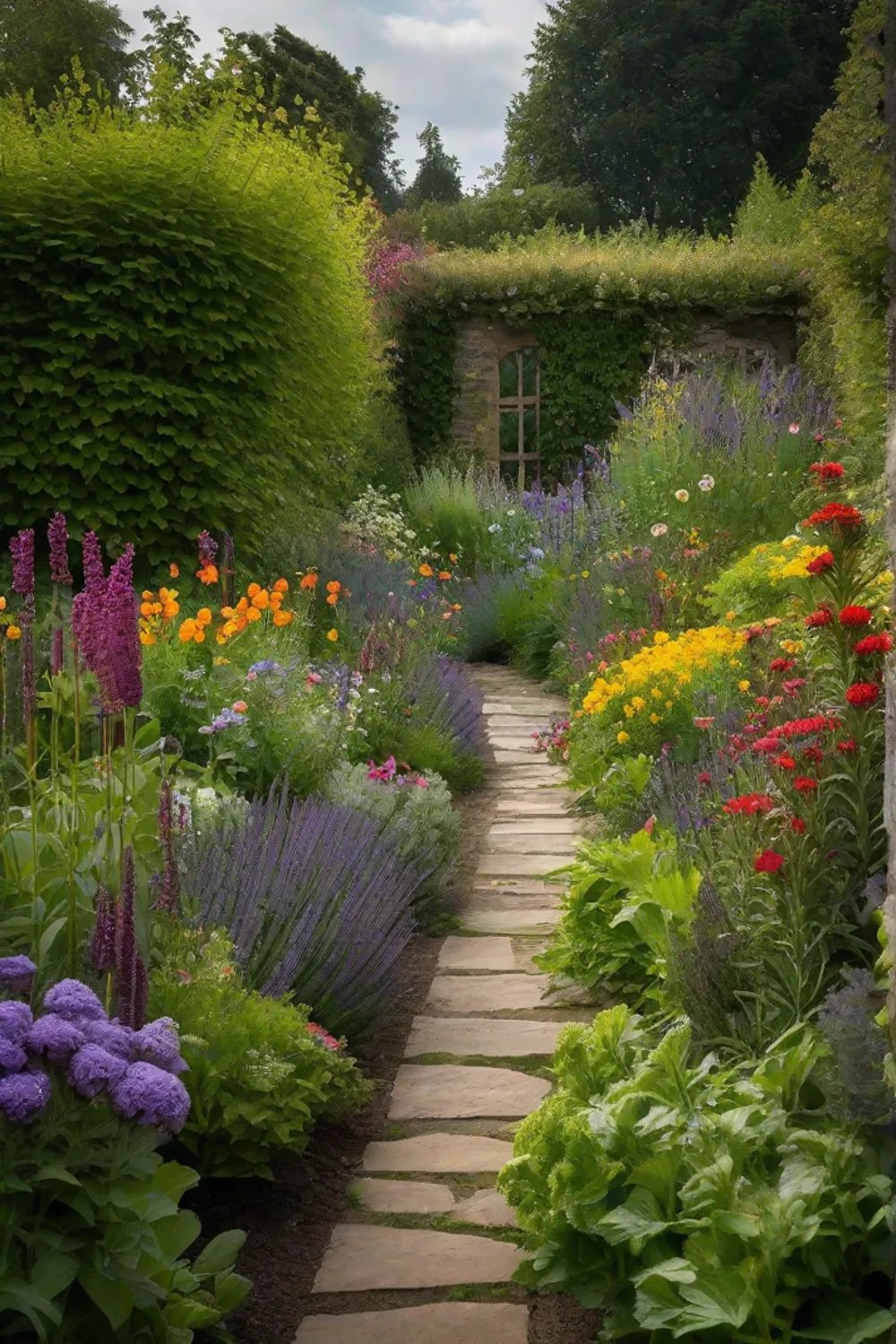 A narrow border garden beside a pathway densely planted with perennial flowers_resized