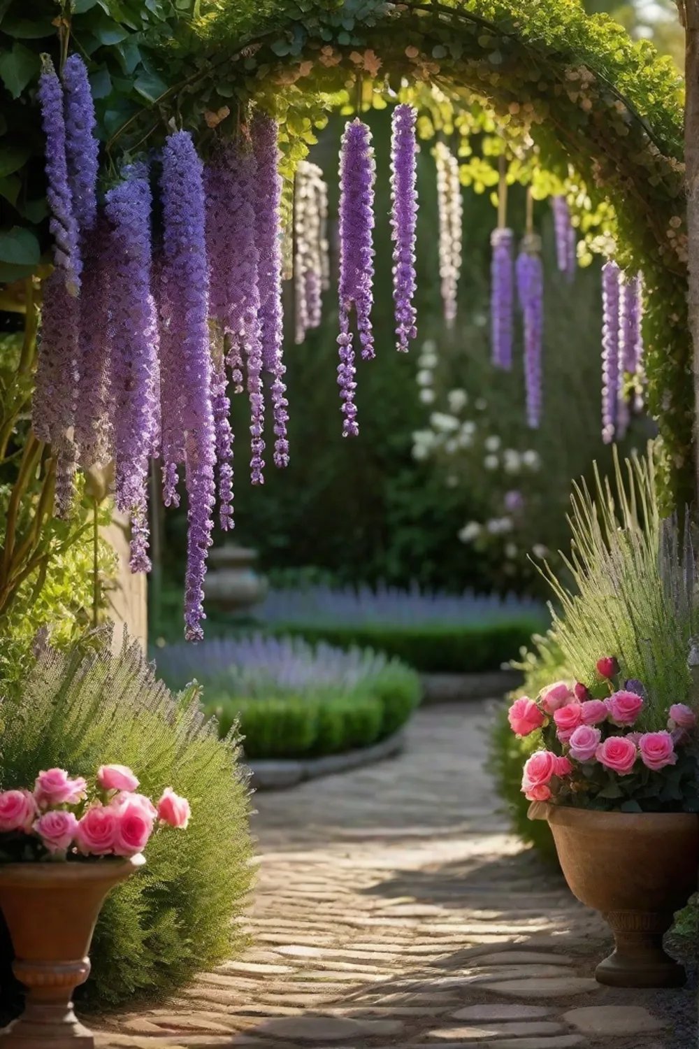 A pathway lined with fragrant lavender and roses leading to a garden_resized