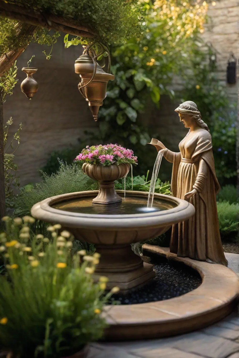 A peaceful garden nook featuring a gently trickling tabletop fountain surrounded by_resized