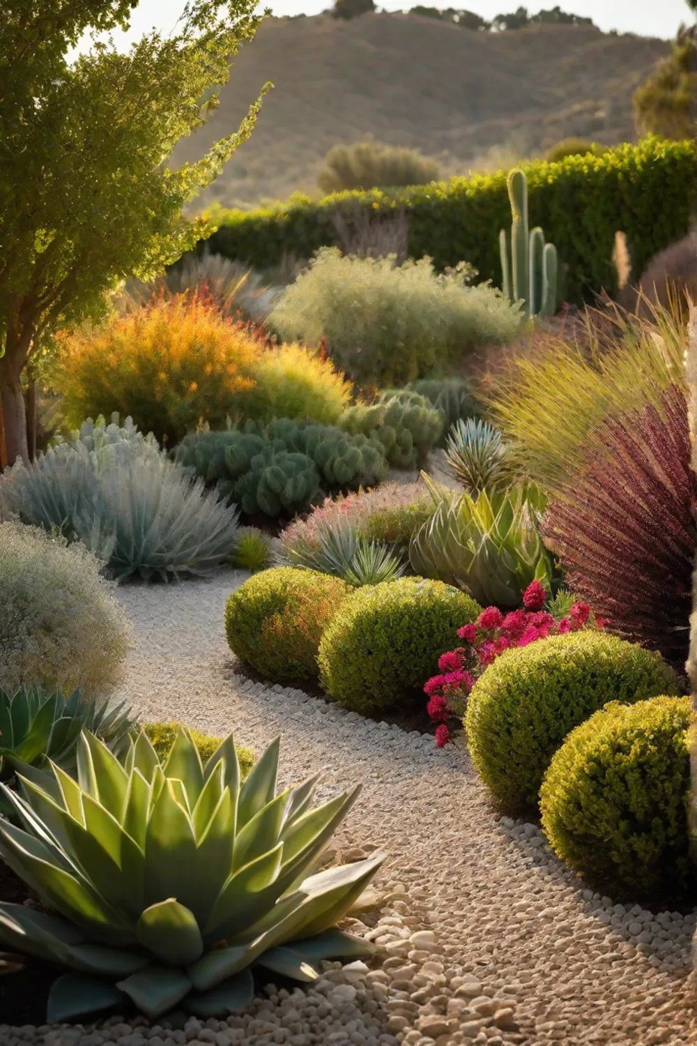 A picturesque waterwise garden layout where gravel paths lead between beds of_resized