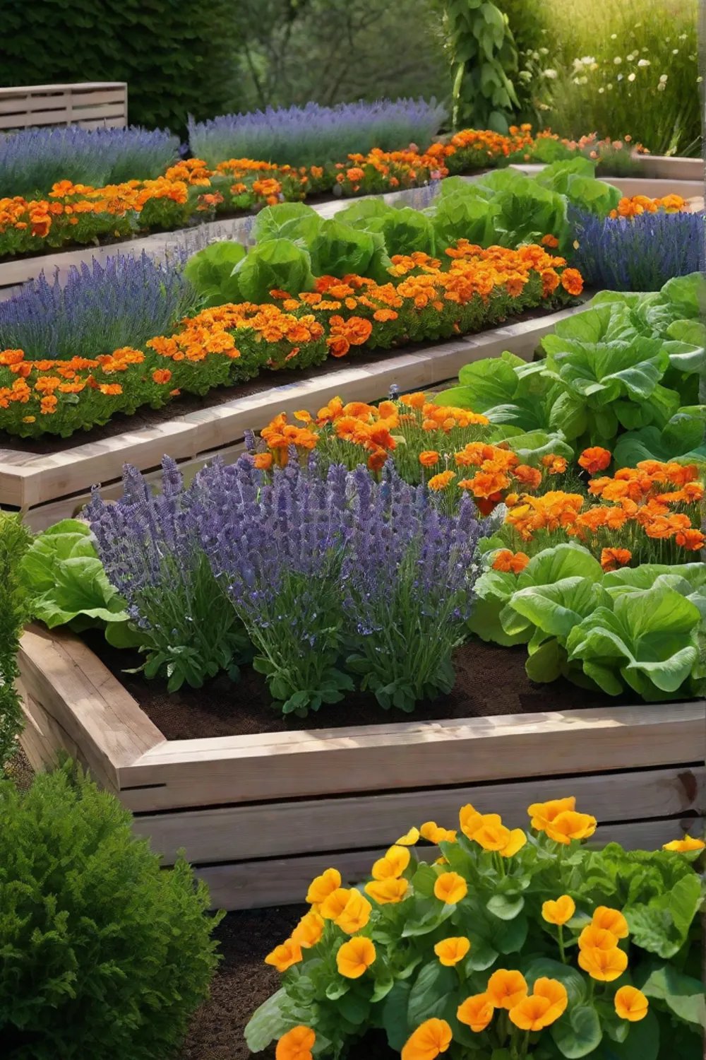 A raised bed garden combining fragrant herbs like basil and lavender with_resized