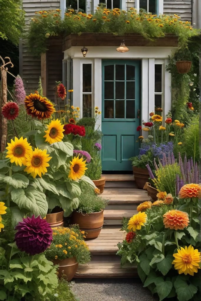 A rustic garden space featuring a mixed border with tall sunflowers and_resized