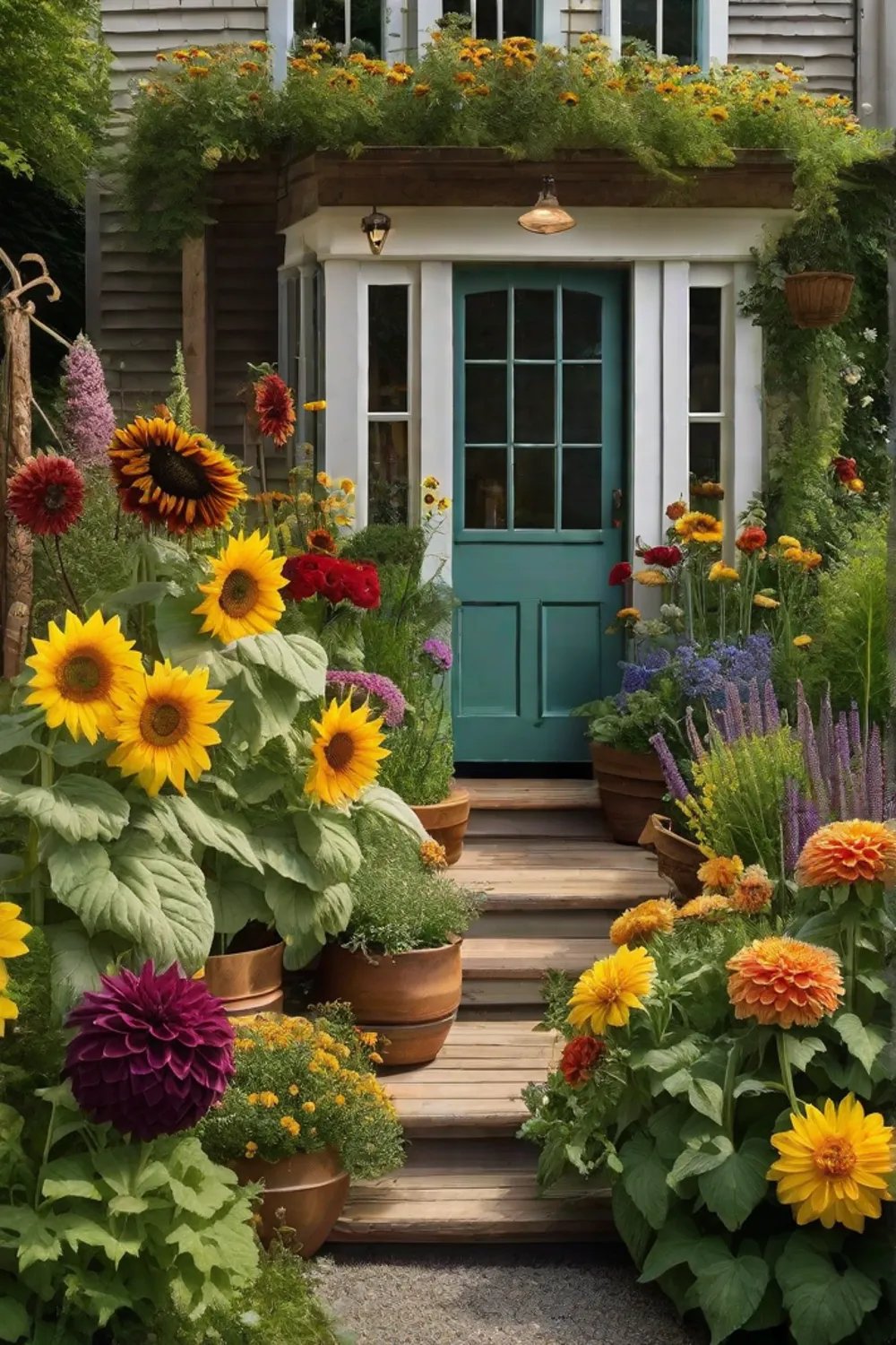 A rustic garden space featuring a mixed border with tall sunflowers and_resized