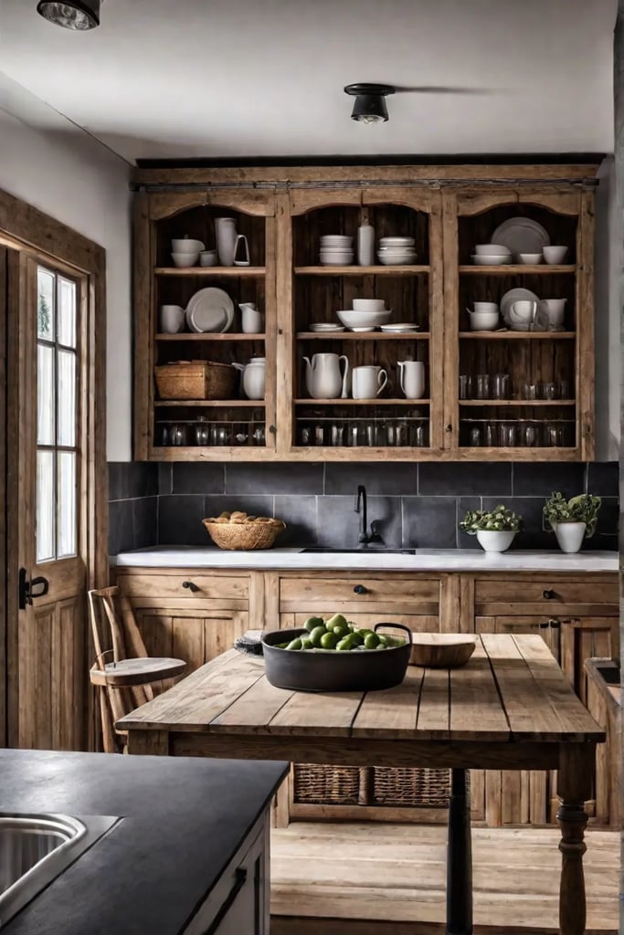A rustic kitchen featuring distressed wooden cabinets and open shelving creating a