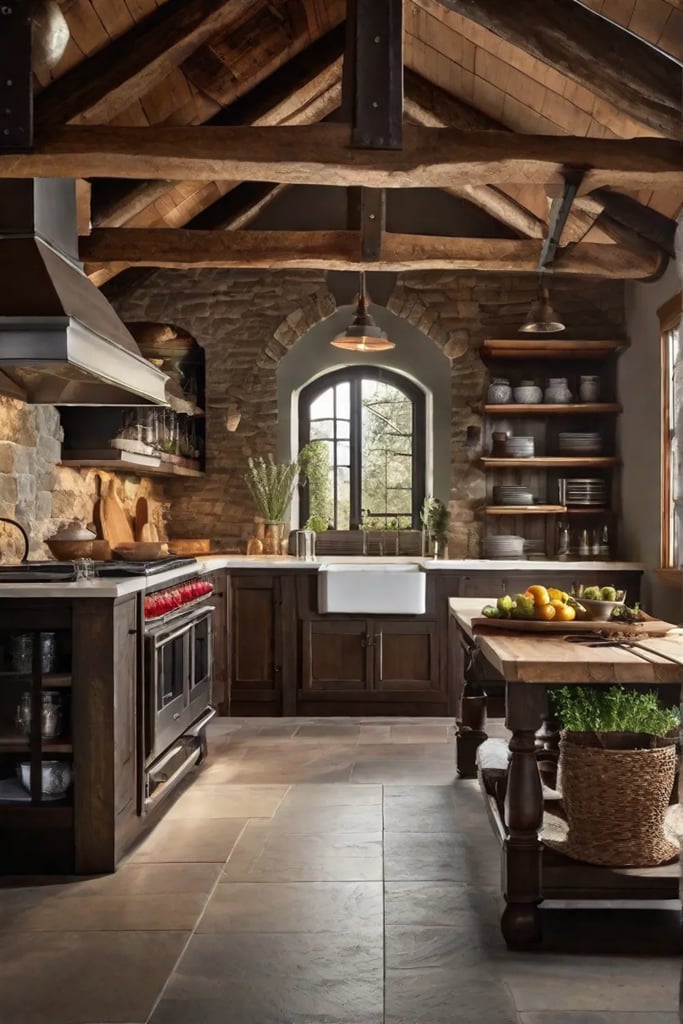 A rustic kitchen with exposed wooden beams and a stone accent wall