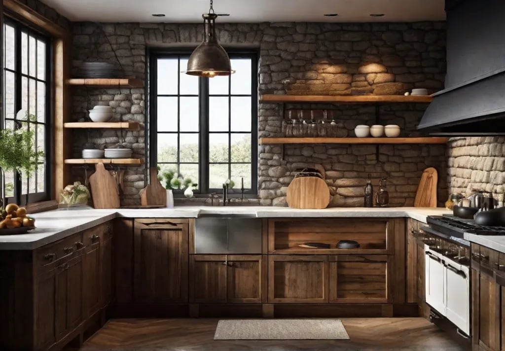 A rustic kitchen with exposed wooden beams and a stone accent wallfeat