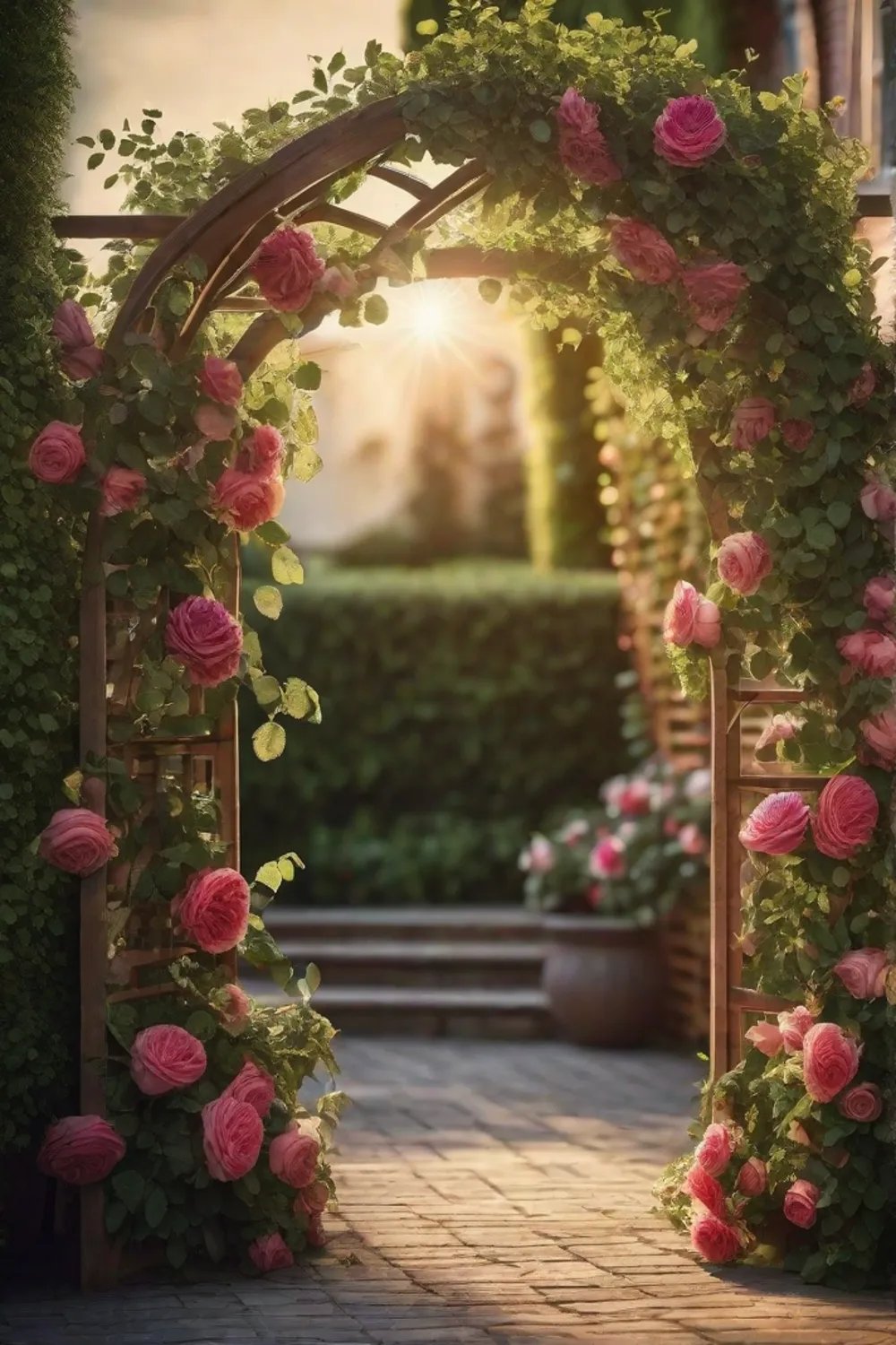 A rustic wooden trellis covered in climbing roses and clematis creating a_resized