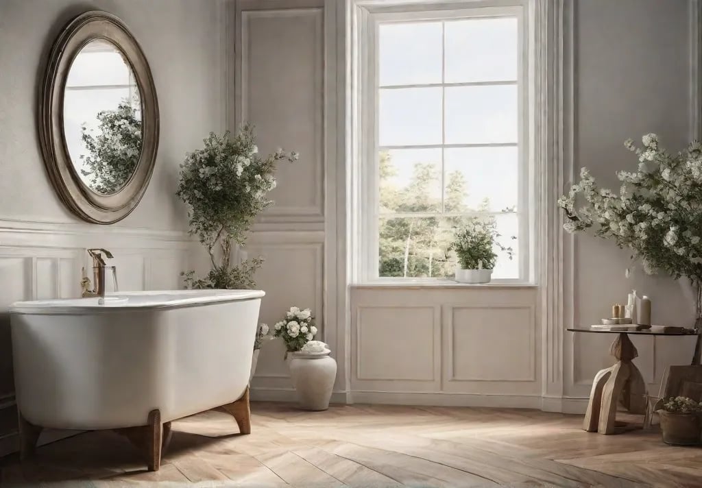 A serene bathroom featuring silktextured wallpaper with a subtle sheen highlighting thefeat