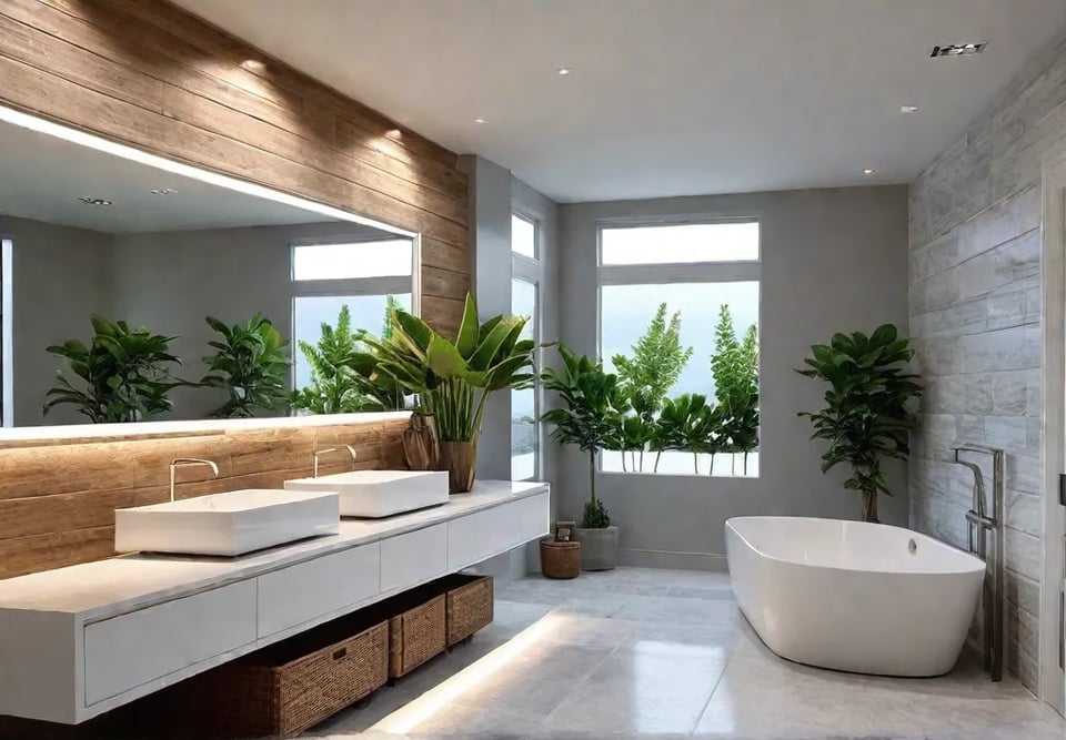 A serene bathroom with natural stone tiles wooden vanity and potted plantsfeat