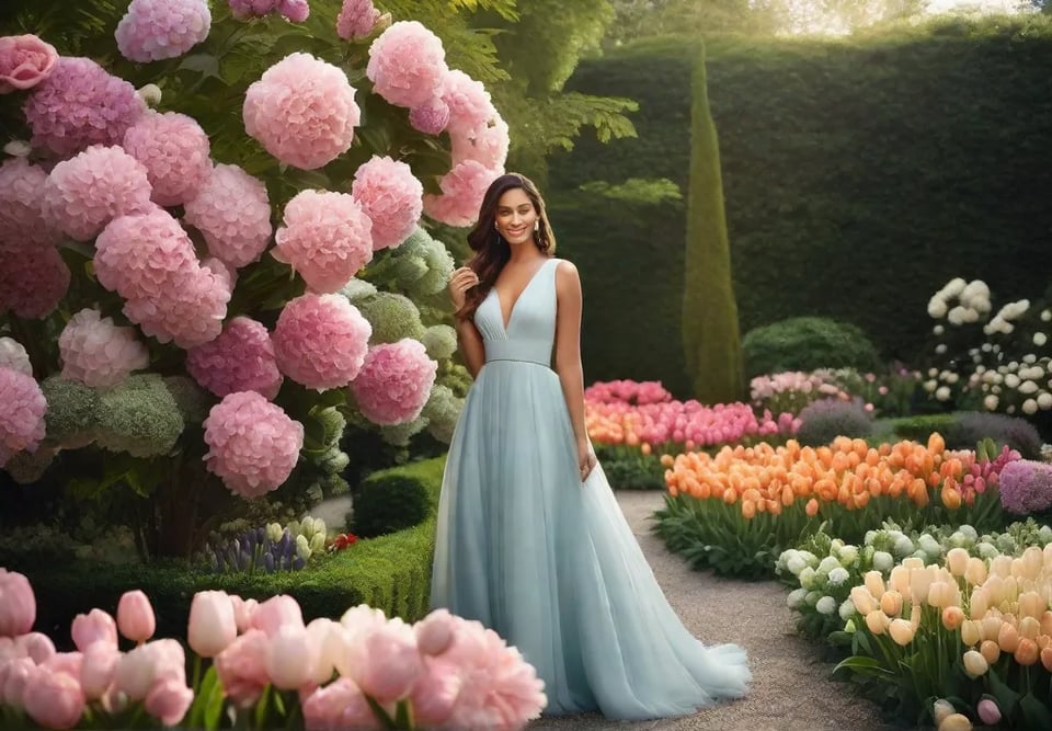 A serene colorthemed garden featuring a soft pastel palette with hydrangeas tulipsfeat