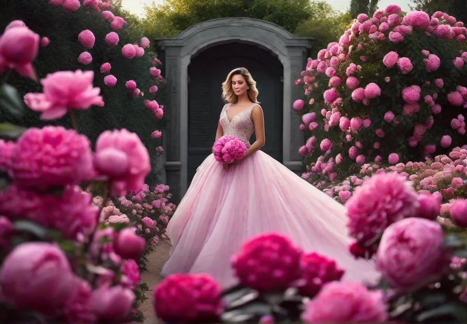 A serene monochromatic garden featuring a gradient of pink hues spotlighting rosesfeat