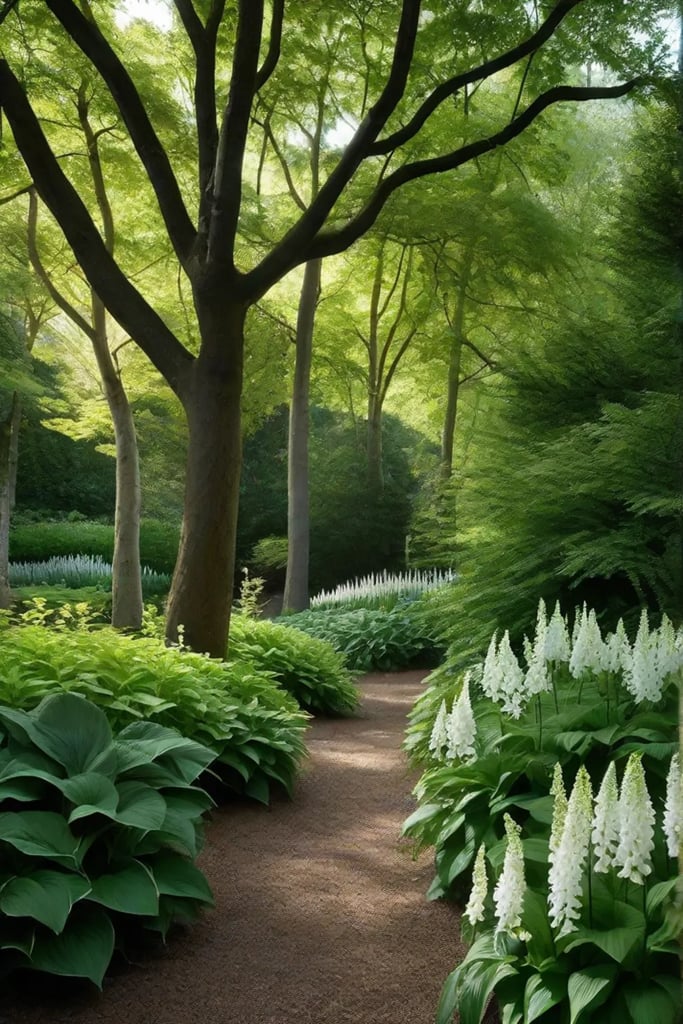 A serene shade garden under a canopy of trees with hostas astilbe_resized