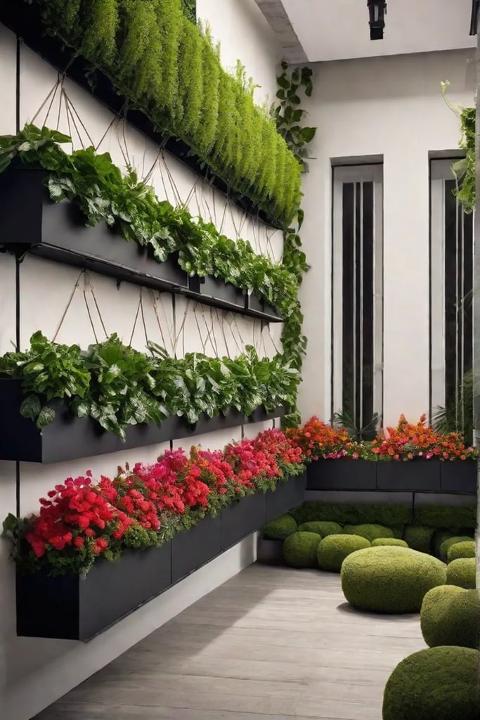 A serene vertical garden space with lush hanging baskets overflowing with vibrant_resized