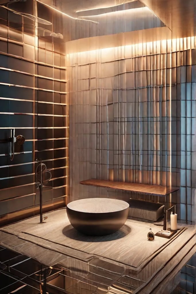 A shower accented with artisanal tiles arranged in a unique abstract pattern