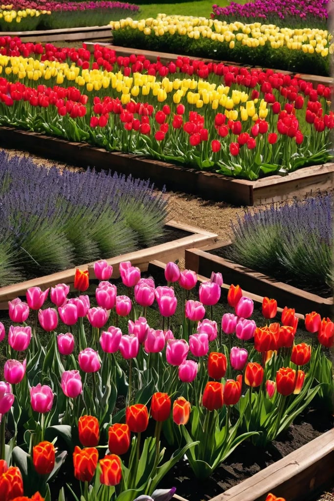 A simple wooden raised bed garden filled with blooming tulips and lavender_resized