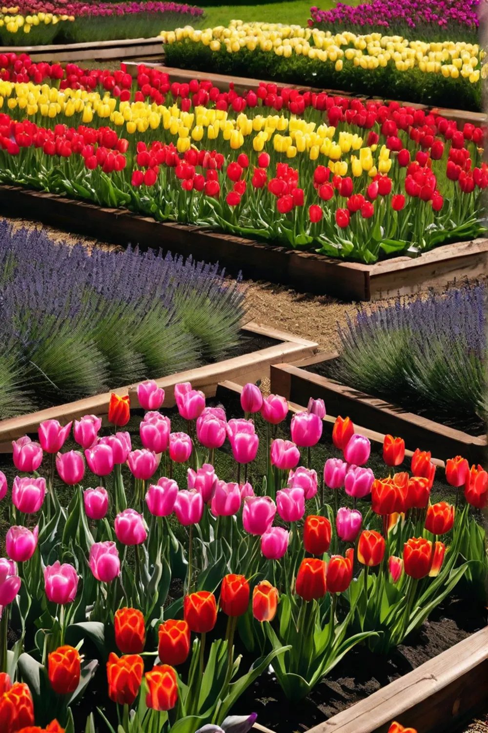 A simple wooden raised bed garden filled with blooming tulips and lavender_resized