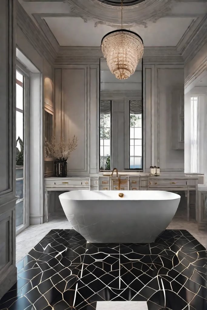 A sleek bathroom with abstract minimalist art pieces in black and white