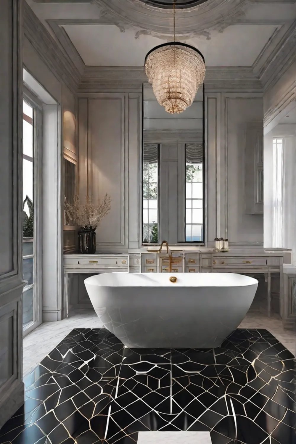 A sleek bathroom with abstract minimalist art pieces in black and white