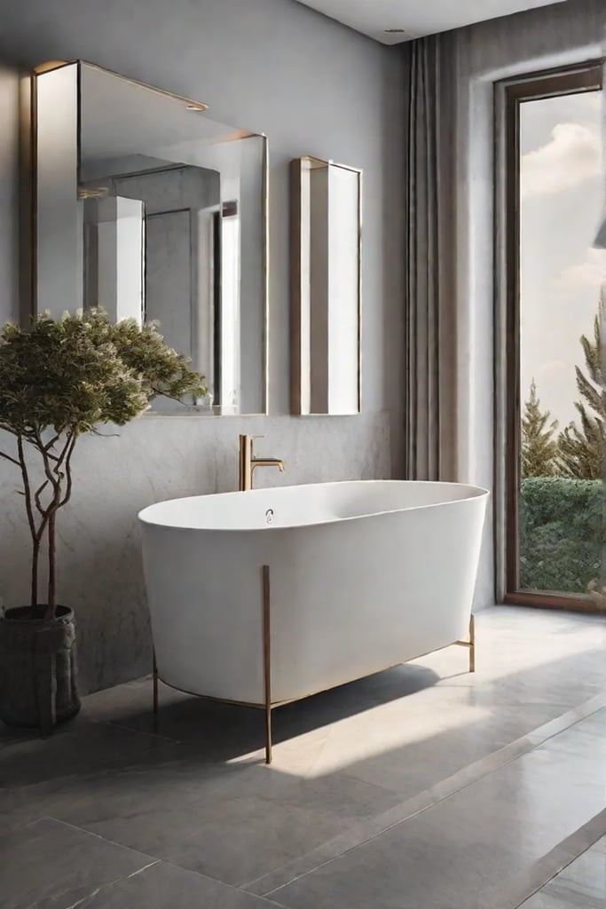 A soft white bathroom accented with light gray tiles showcasing a glossy