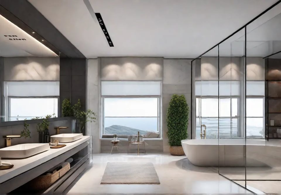 A soft white bathroom accented with light gray tiles showcasing a glossyfeat