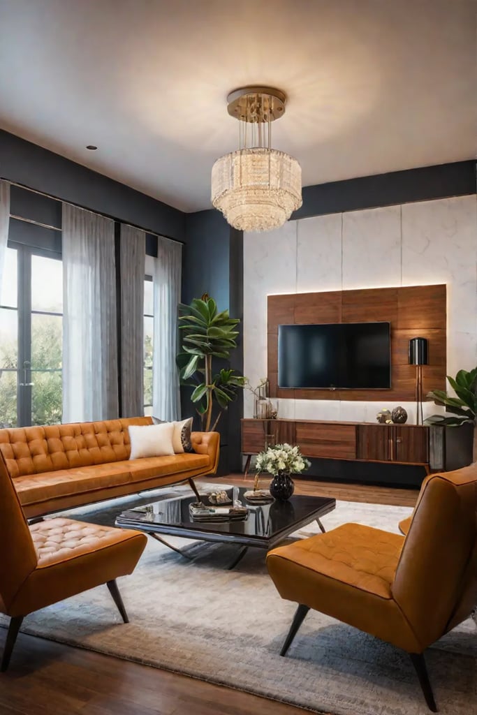 A stylish midcentury modern living room with a tufted leather sofa a